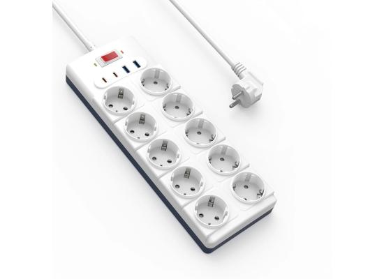 WiWU Wi-S008 GaN 14 in 1 High-Capacity Power Strip, 230V~16A Max, 3680W Max, Output interface: 2xType-C, 2x USB-A, 10xAC, 2M - White